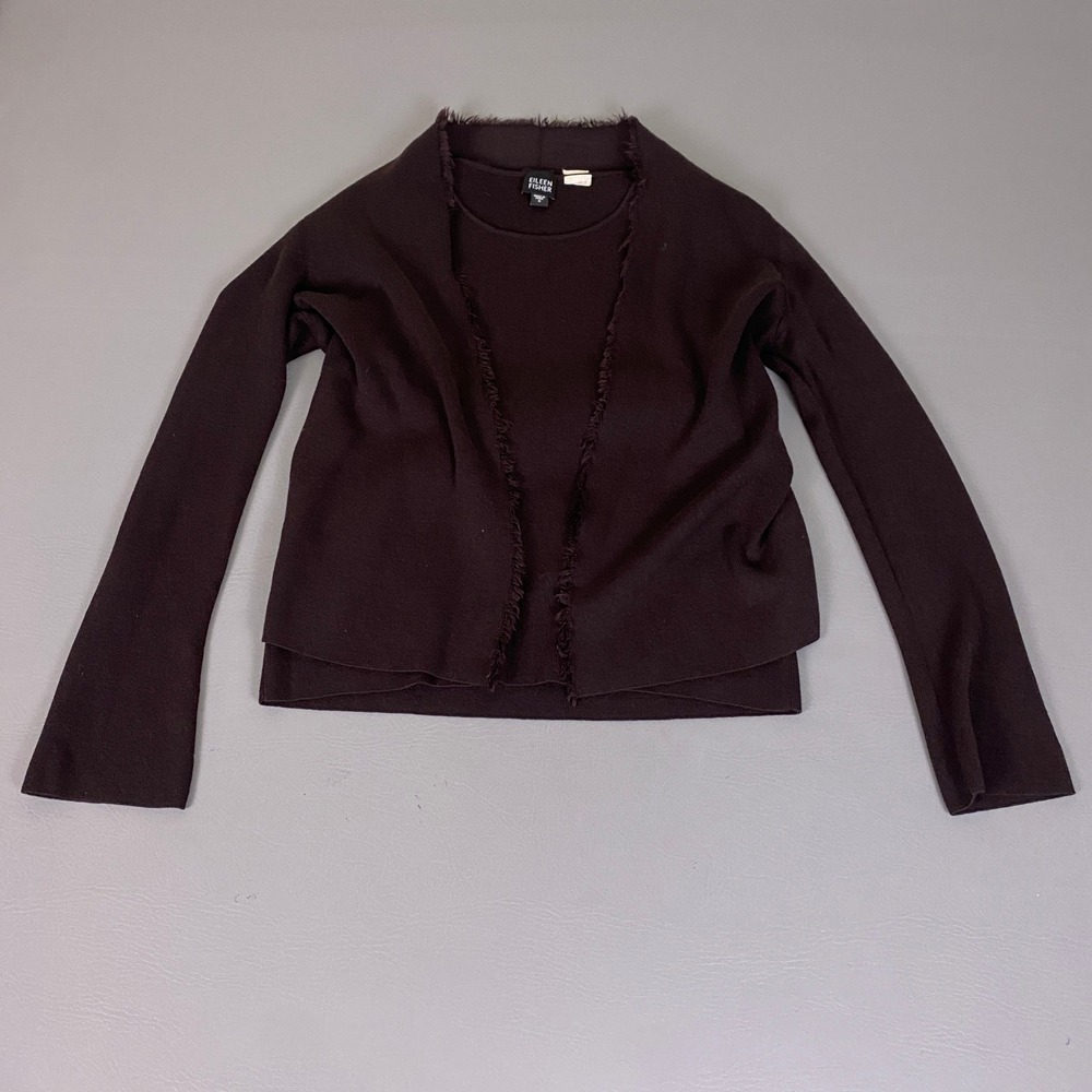 Eileen Fisher Cardigan & Tank Twin Set Size Small Brown Fringed Trim 100% Wool
